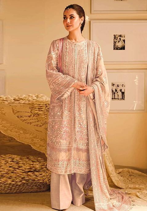 Peach Embroidered Georgette Kurta Set
