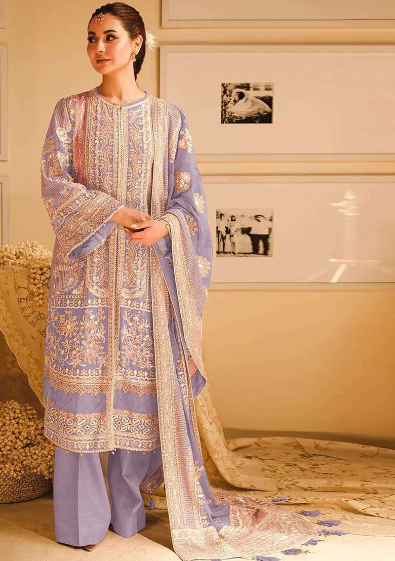Lavender Embroidered Georgette Kurta Set - Indya