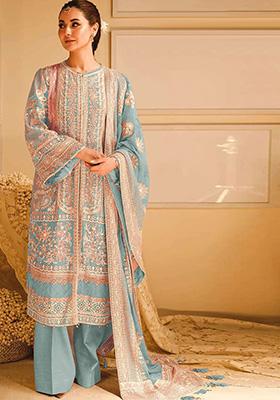 Sky Blue Embroidered Georgette Kurta Set