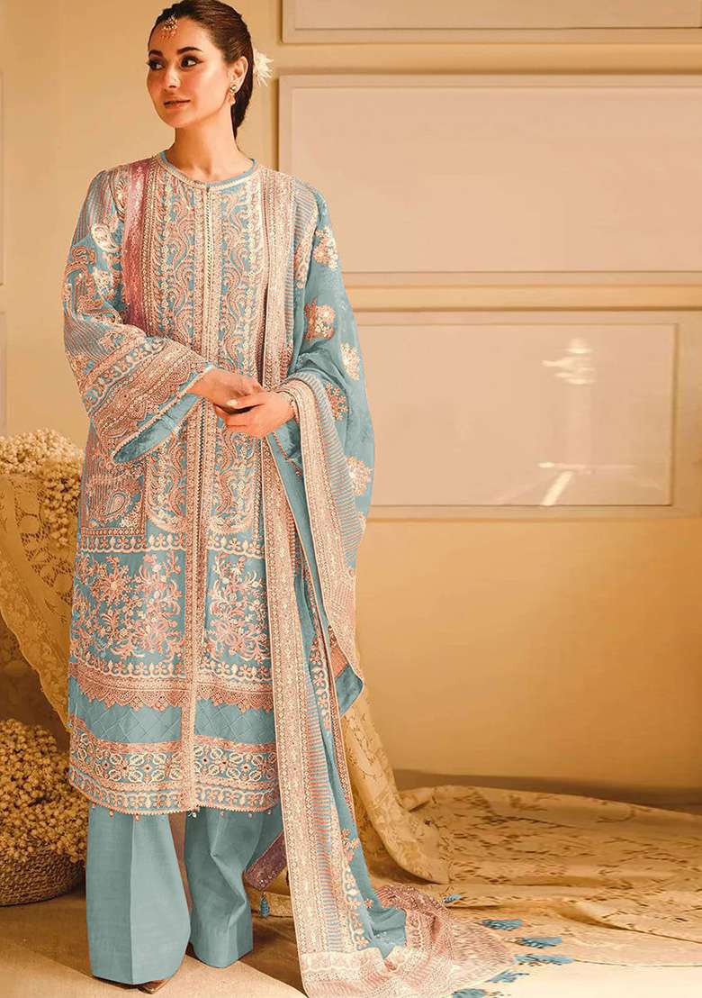 Sky Blue Embroidered Georgette Kurta Set - Indya