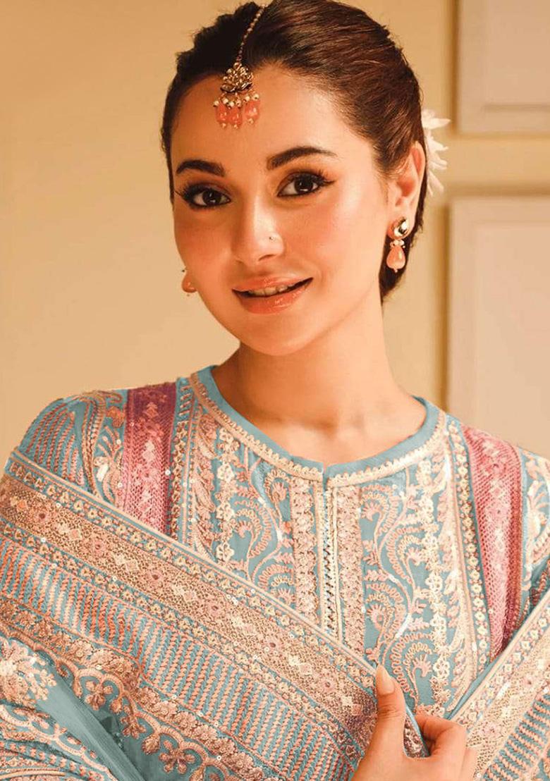 Sky Blue Embroidered Georgette Kurta Set