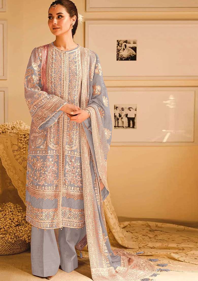 Grey Embroidered Georgette Kurta Set - Indya