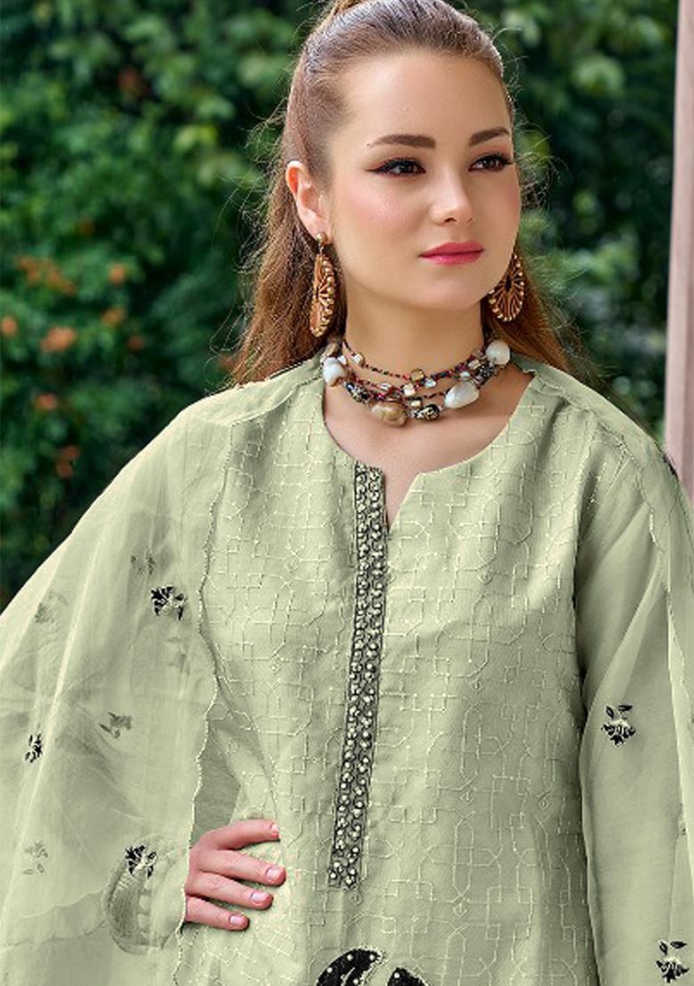Pista Green Embroidered Orgenza Kurta Set