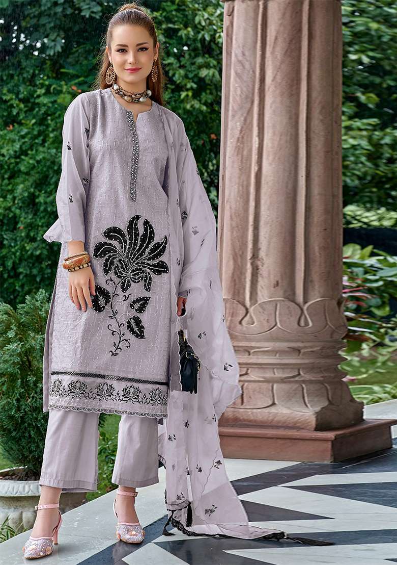 Lavender Embroidered Orgenza Kurta Set - Indya