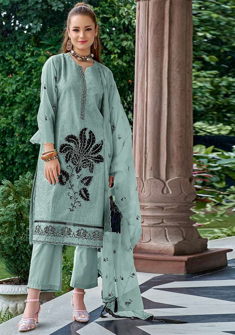 Sea Green Embroidered Orgenza Kurta Set - Indya