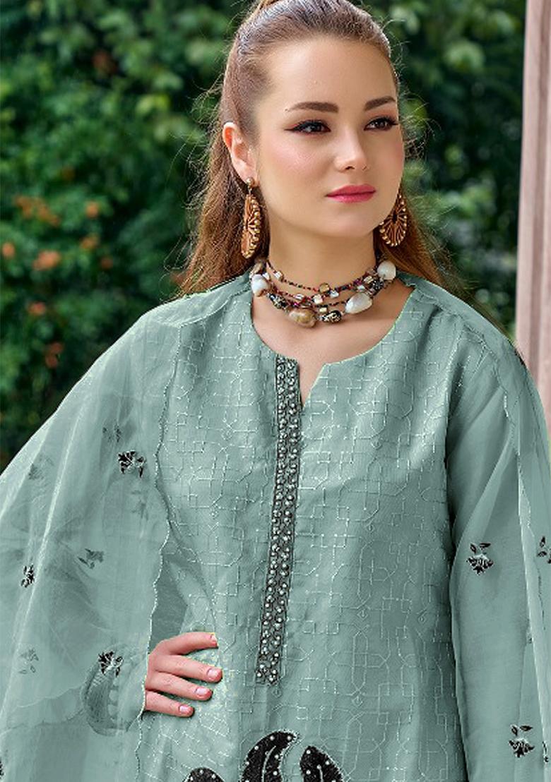 Sea Green Embroidered Orgenza Kurta Set