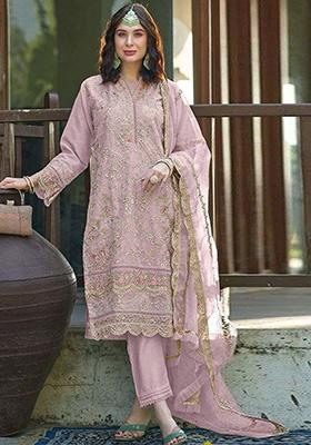 Pink Embroidered Orgenza Kurta Set