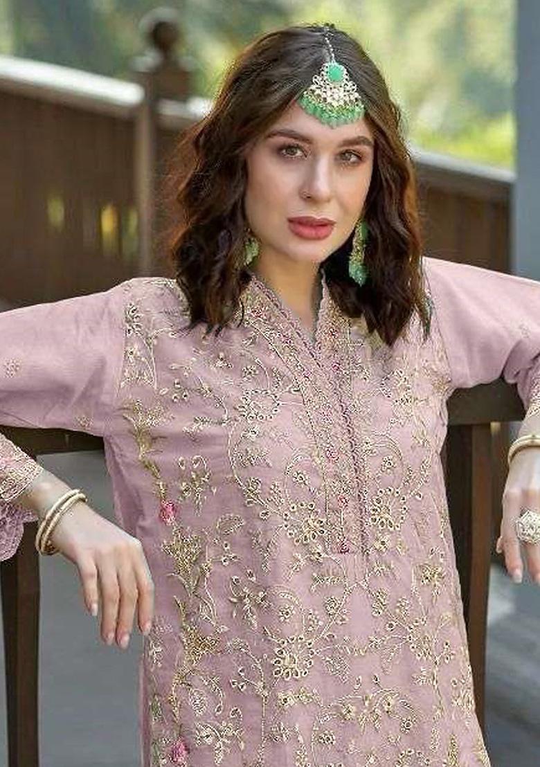 Pink Embroidered Orgenza Kurta Set