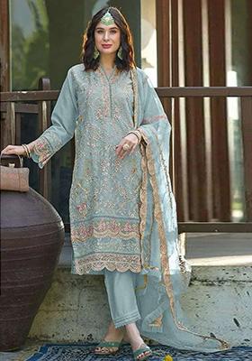 Sky Blue Embroidered Orgenza Kurta Set