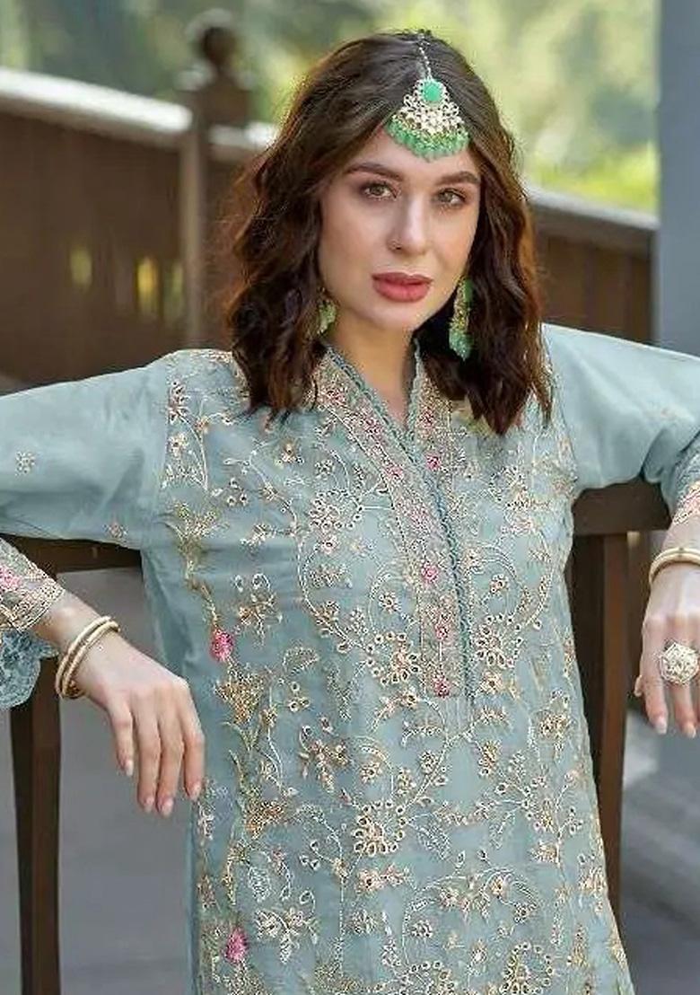 Sky Blue Embroidered Orgenza Kurta Set