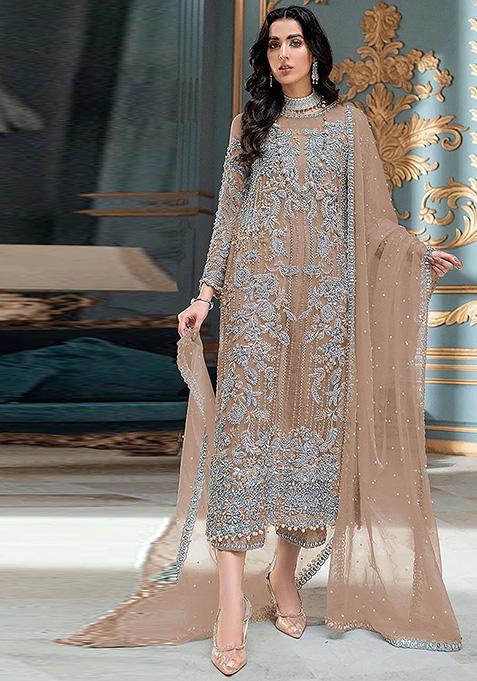 Beige Embroidered Orgenza Kurta Set