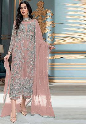 Gajri Pink Embroidered Orgenza Kurta Set