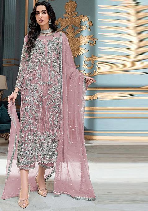 Pink Embroidered Orgenza Kurta Set