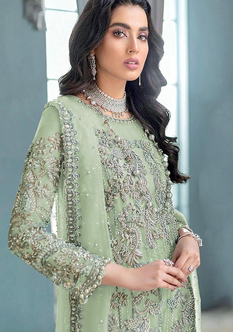 Pista Green Embroidered Orgenza Kurta Set