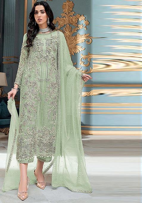 Pista Green Embroidered Orgenza Kurta Set