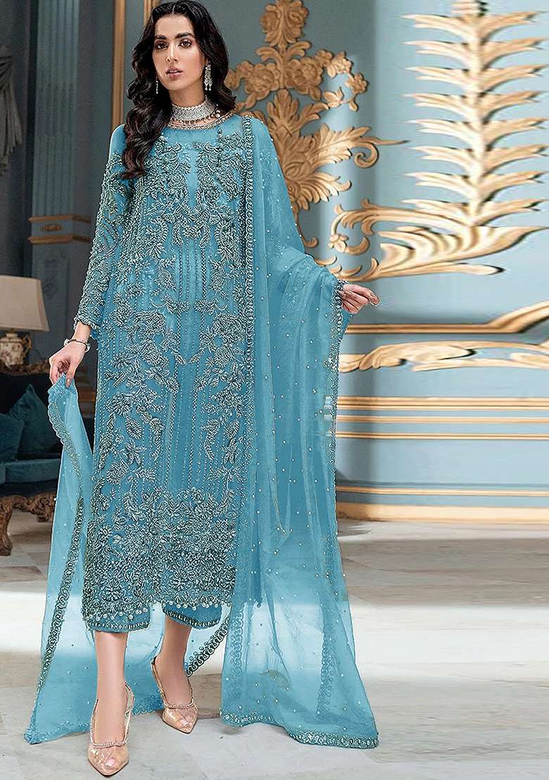 Sky Blue Embroidered Organza Pakistani Suit Set - Indya