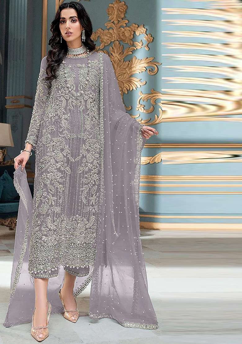 Lavender Embroidered Orgenza Kurta Set - Indya