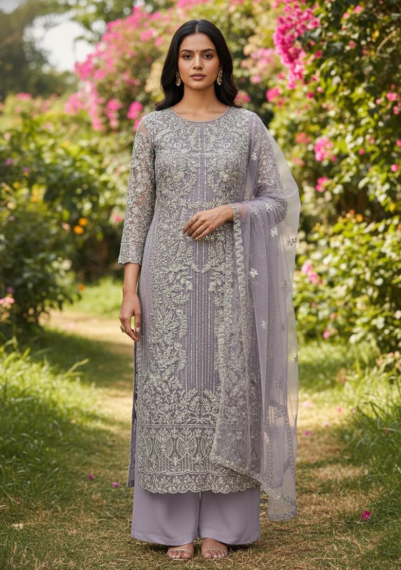 Lavender Embroidered Orgenza Kurta Set