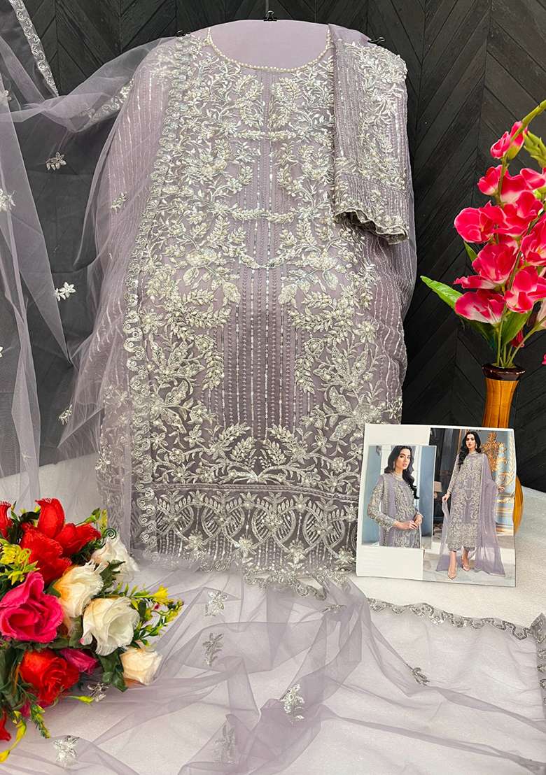 Lavender Embroidered Orgenza Kurta Set - Indya