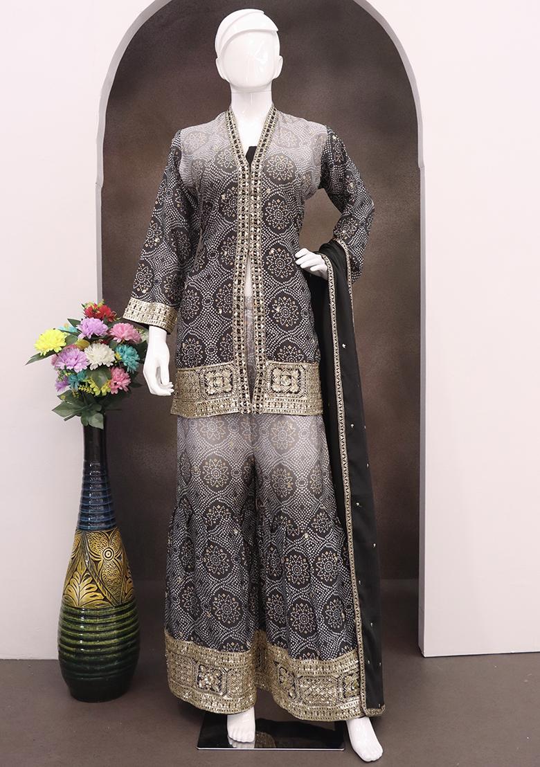 Black Embroidered Chinon Kurta Set