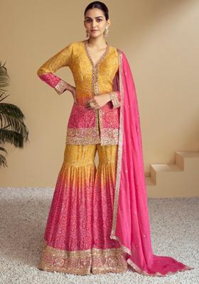 Pink Embroidered Chinon Kurta Set