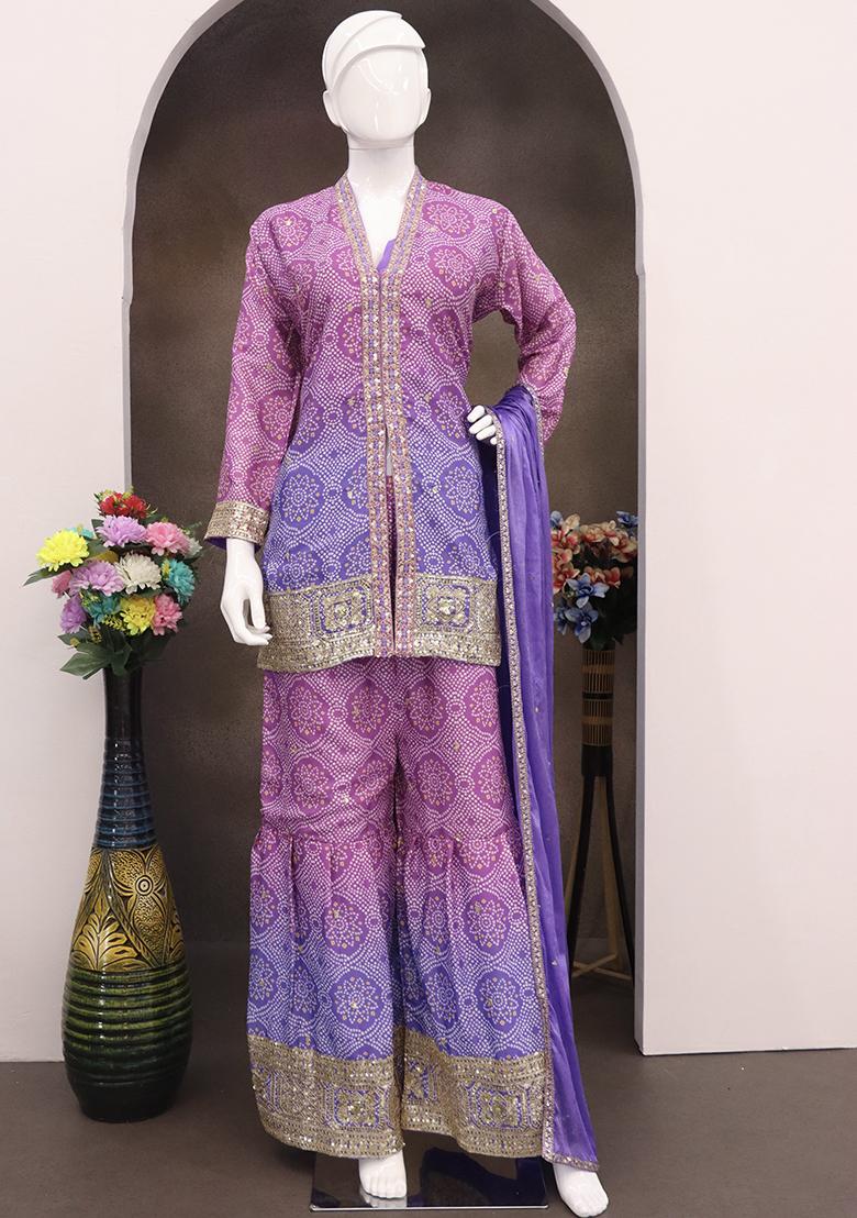 Lavender Embroidered Chinon Kurta Set