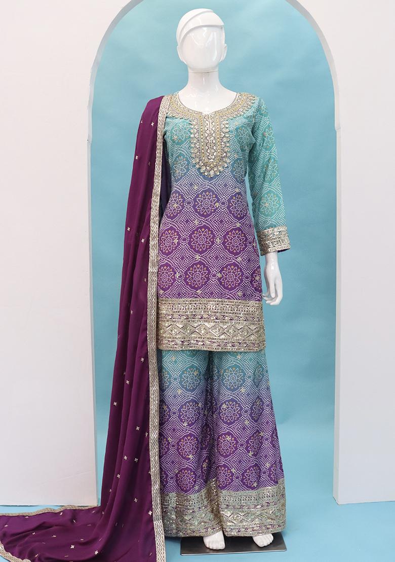 Sky Blue Embroidered Chinon Kurta Set