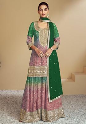 Green Embroidered Chinon Kurta Set