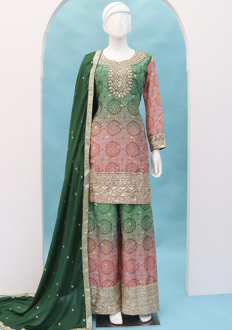 Green Embroidered Chinon Kurta Set