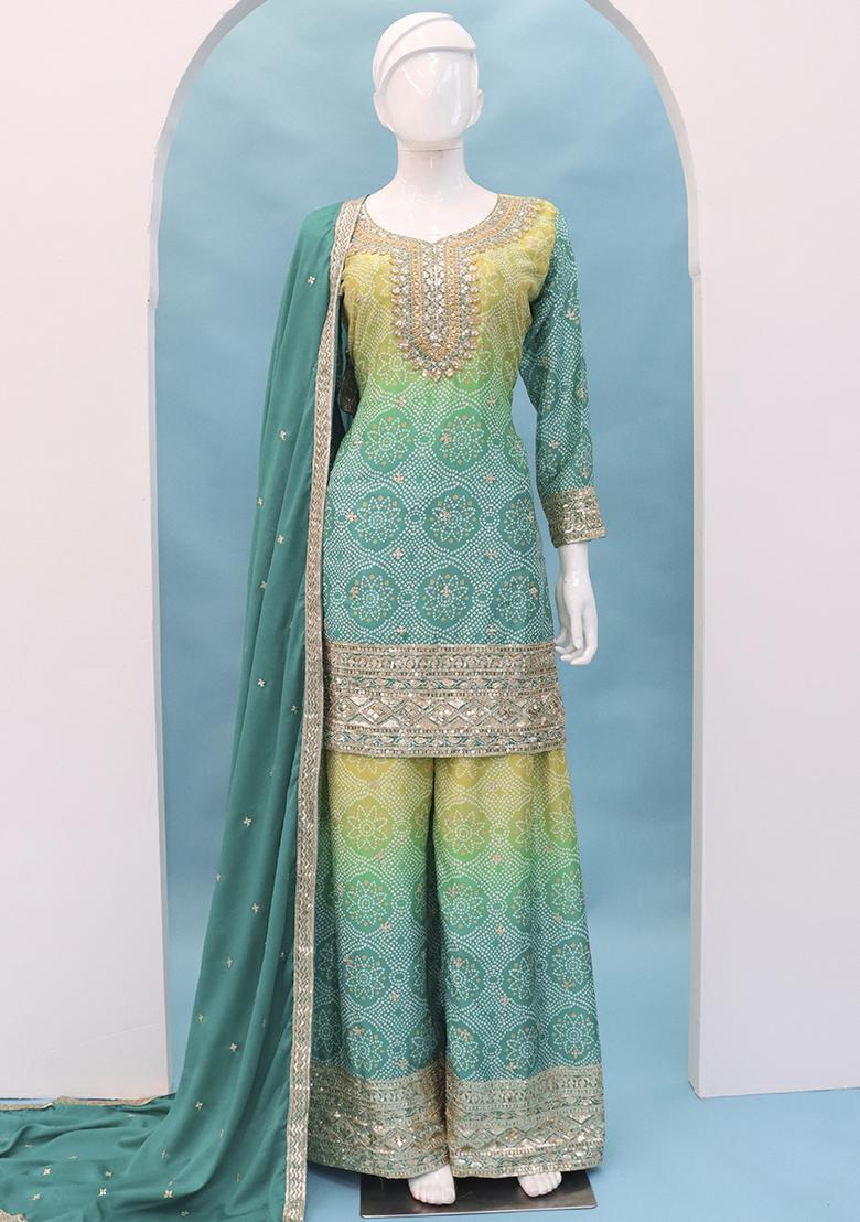 Rama Blue Embroidered Chinon Kurta Set