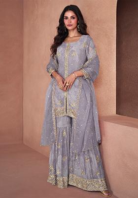 Grey Embroidered Georgette Kurta Set
