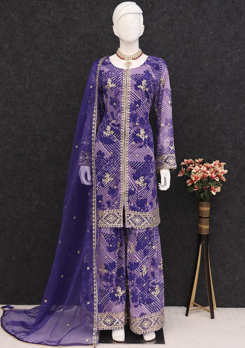 Blue Embroidered Georgette Kurta Set