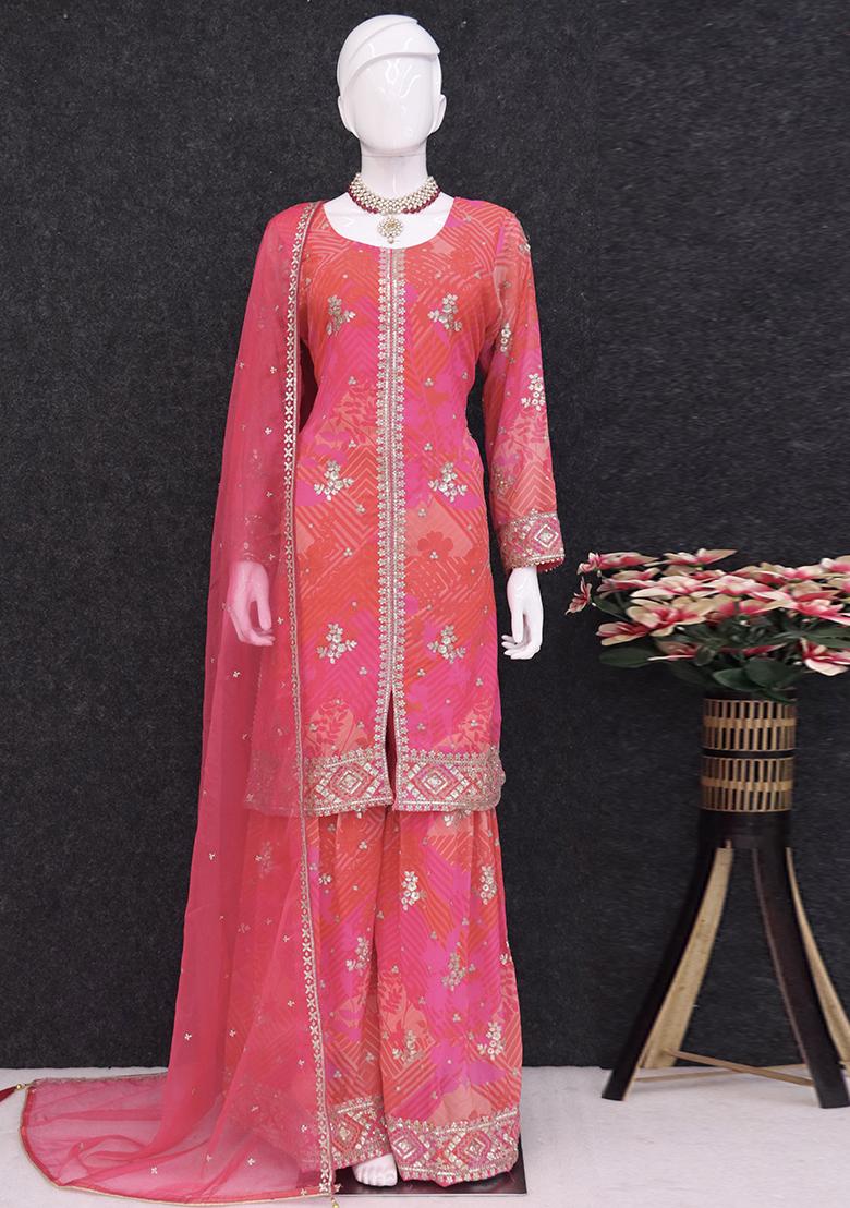 Pink Embroidered Georgette Kurta Set