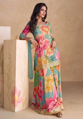 Grey Embroidered Chinon Kurta Set