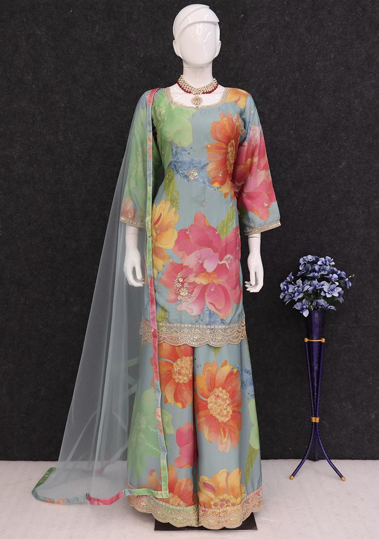 Grey Embroidered Chinon Kurta Set