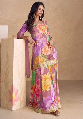 Pink Embroidered Chinon Kurta Set