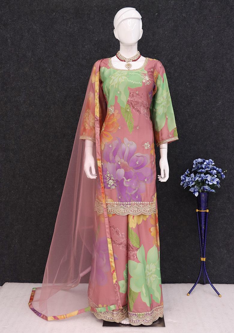 Pink Embroidered Chinon Kurta Set