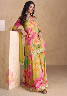 Yellow Embroidered Chinon Kurta Set