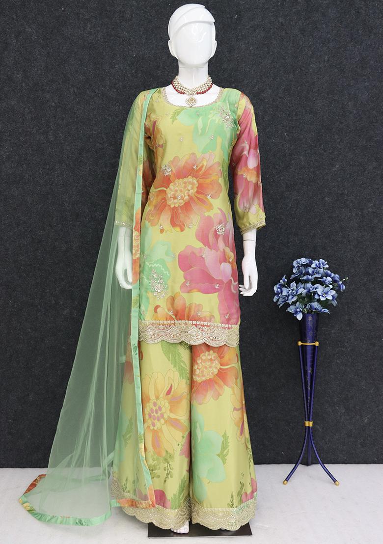 Yellow Embroidered Chinon Kurta Set