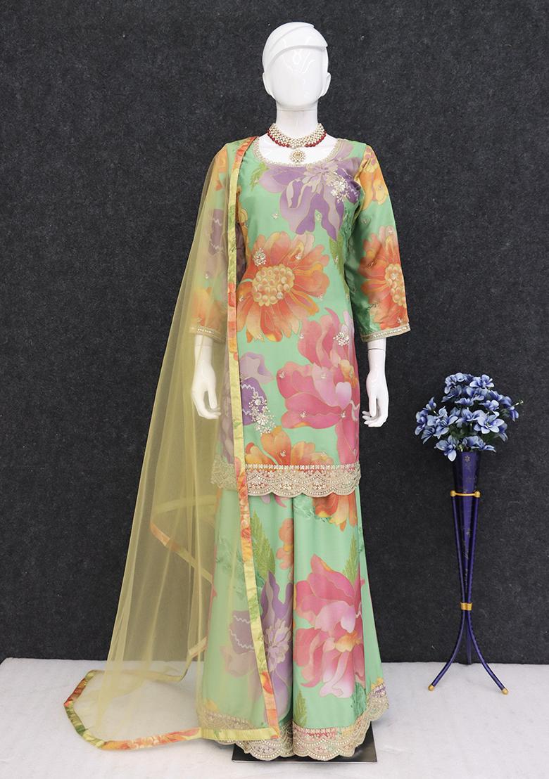 Sea Green Embroidered Chinon Kurta Set