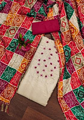 Cream Embellished Cotton Kurta Set