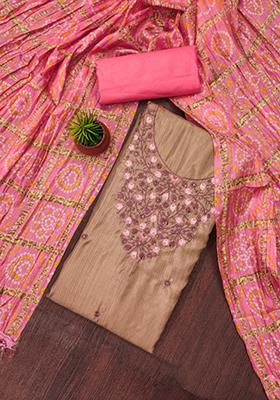 Brown Embellished Cotton Kurta Set