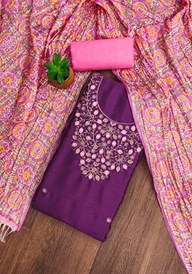 Purple Embellished Cotton Kurta Set