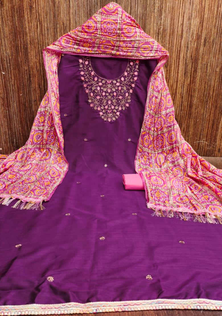 Purple Embellished Cotton Kurta Set