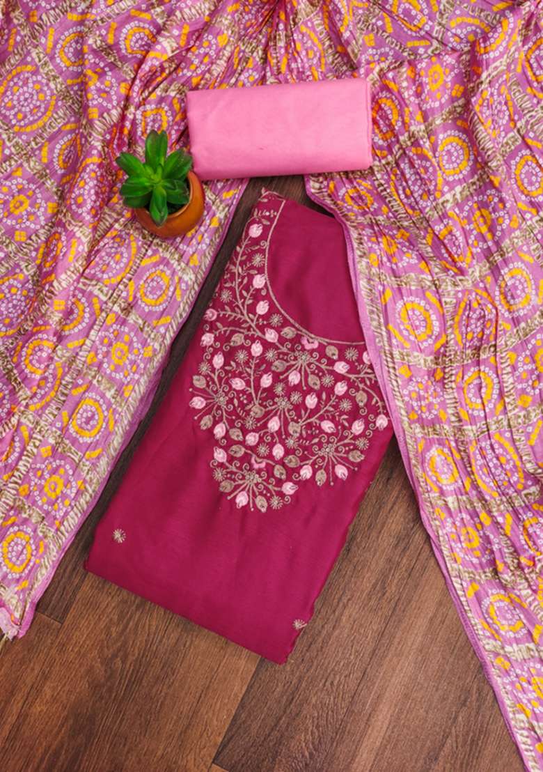 Pink Embroidered Cotton Straight Kurta Set - Indya