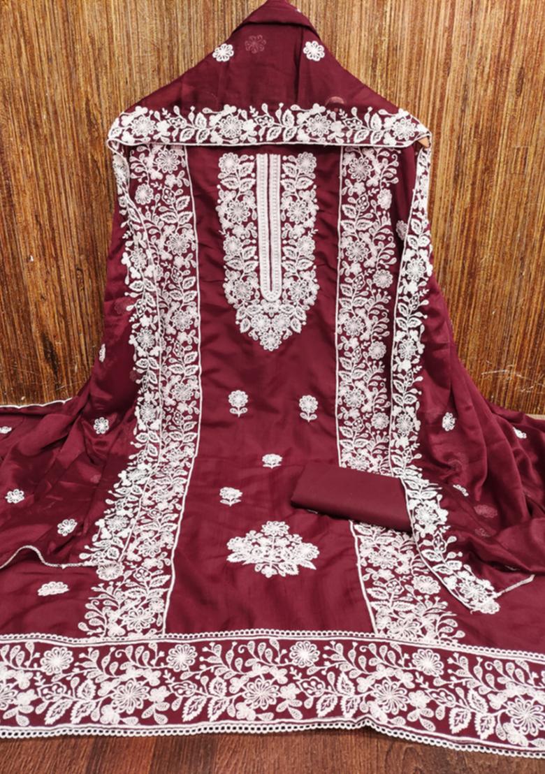Maroon Embellished Cotton Kurta Set