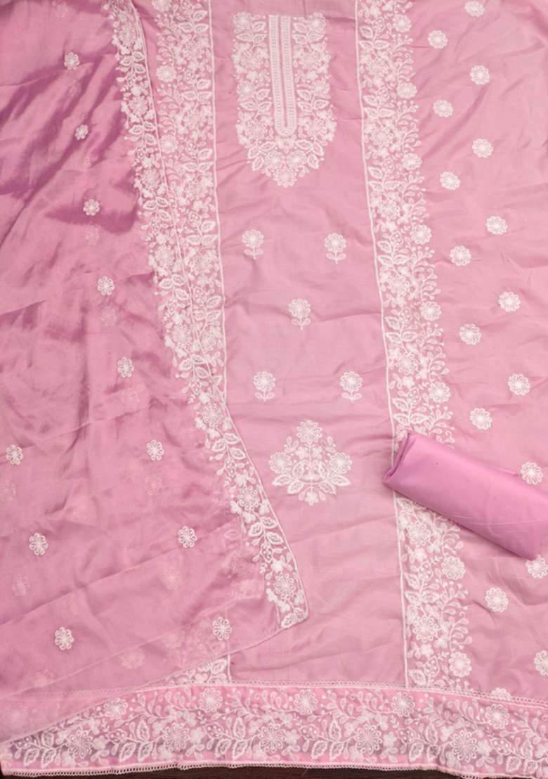 Pink Chikankari Cotton Straight Kurta Set - Indya