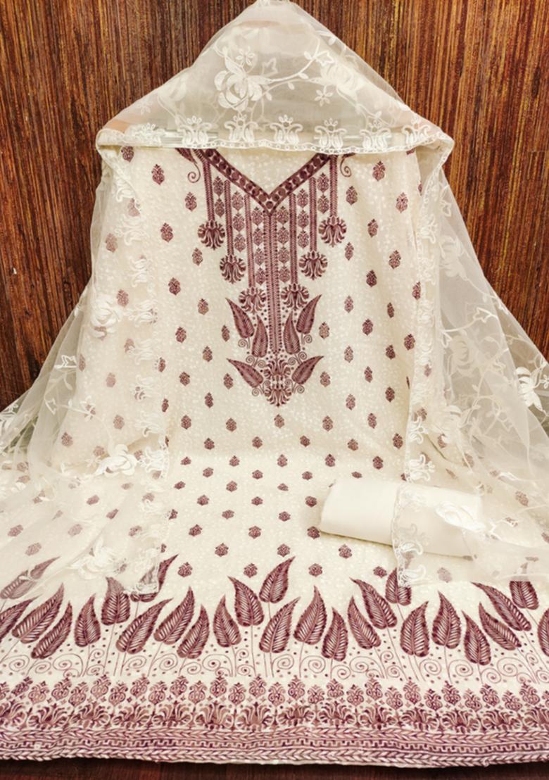 Cream Embellished Poly Georgette Kurta Set