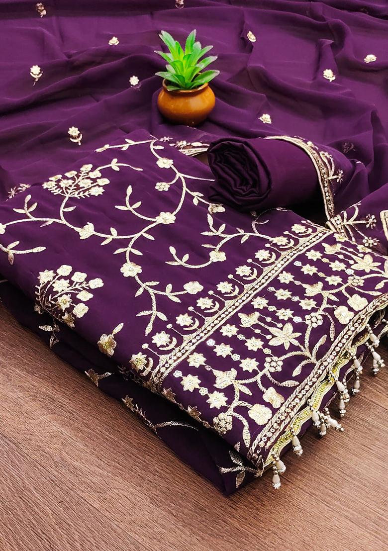 Purple Embellished Poly Georgette Kurta Set