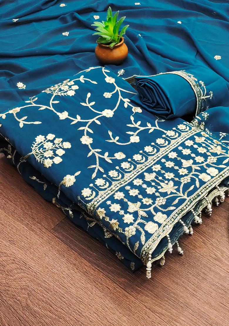 Teal Embellished Poly Georgette Kurta Set